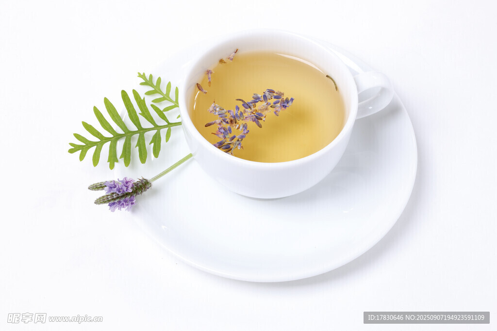 白色杯中的薰衣草花茶
