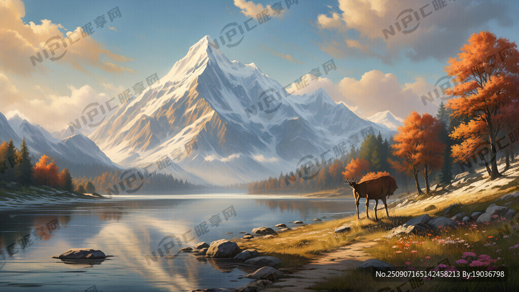 一座巍峨的雪山屹立在画面的背景