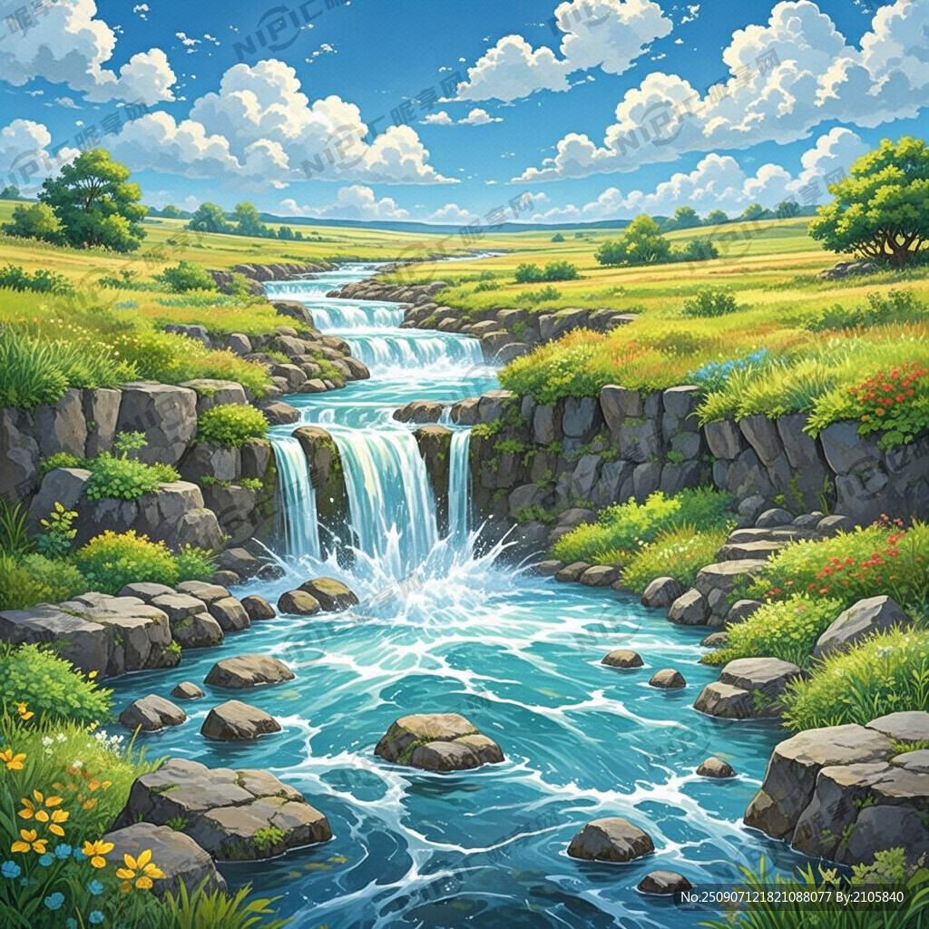 瀑布河流 平原草地 自然风光
