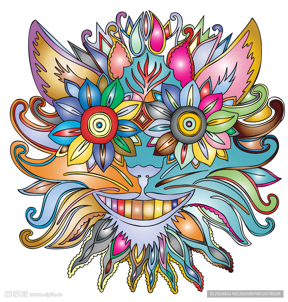 多彩抽象花卉鸟头图案