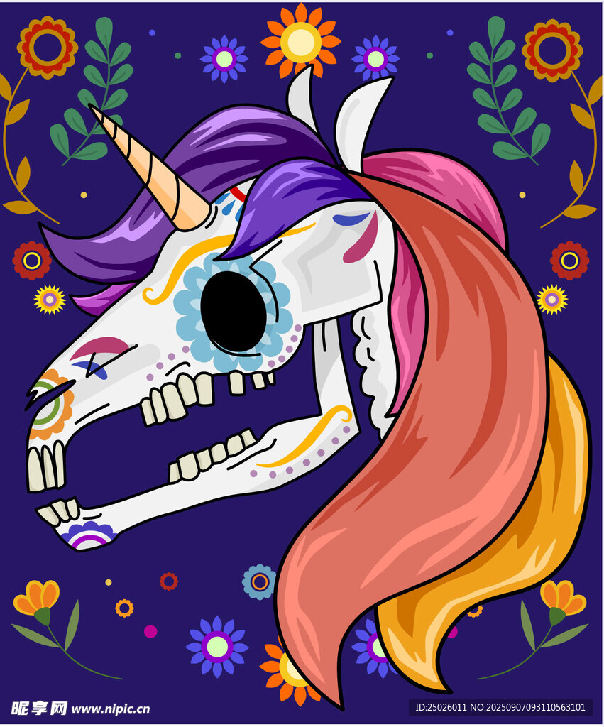 独角兽骷髅插画