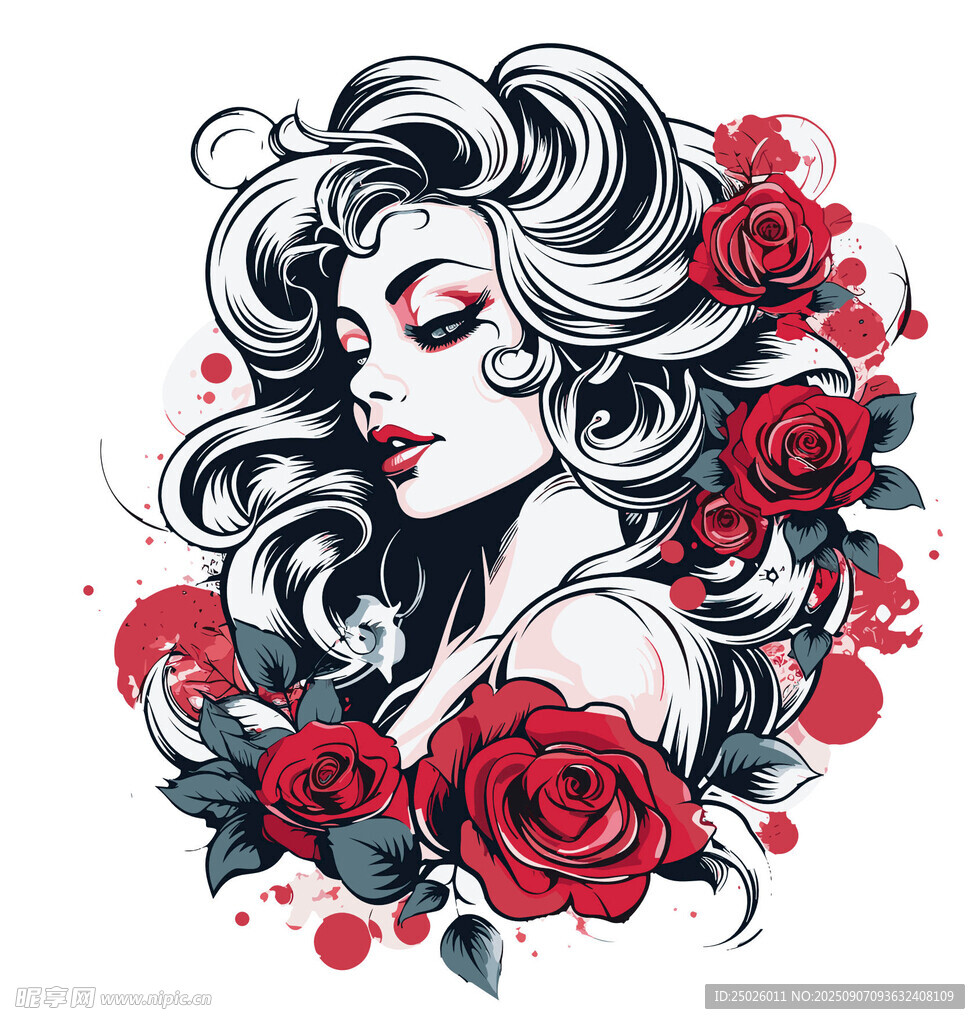 卷发玫瑰女郎插画