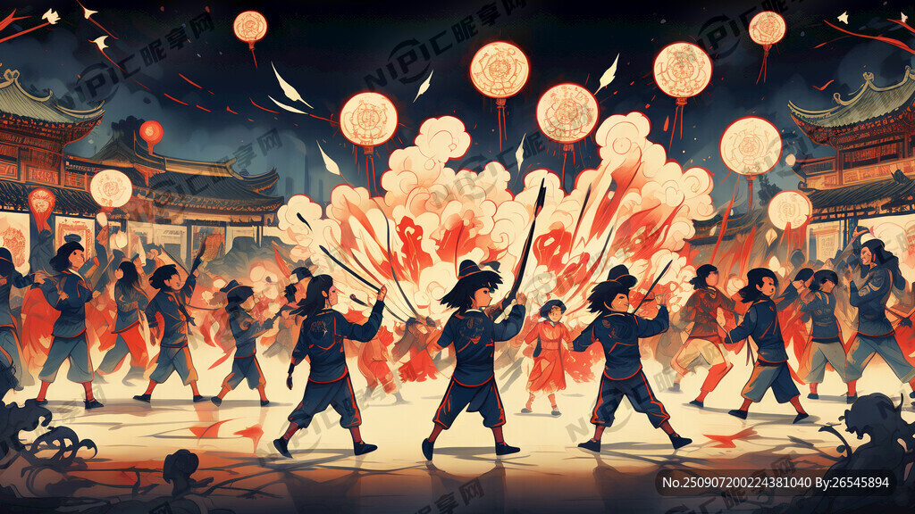 描绘陕西渭南地区社火表演插画