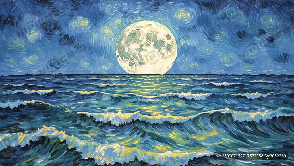 浅蓝色海平面 大月亮深蓝色天空