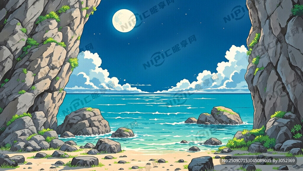 近景岩石 浅蓝色海平面