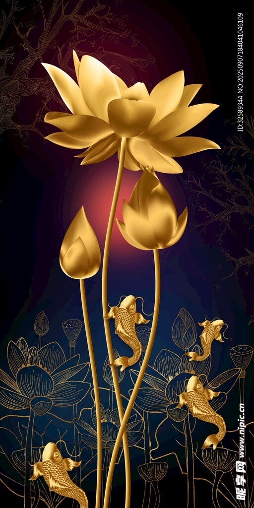 金色荷花与灵动金鱼画面