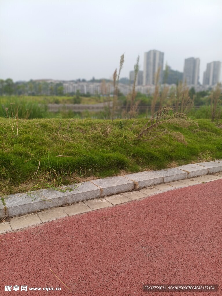城市旁的红色步道与绿地