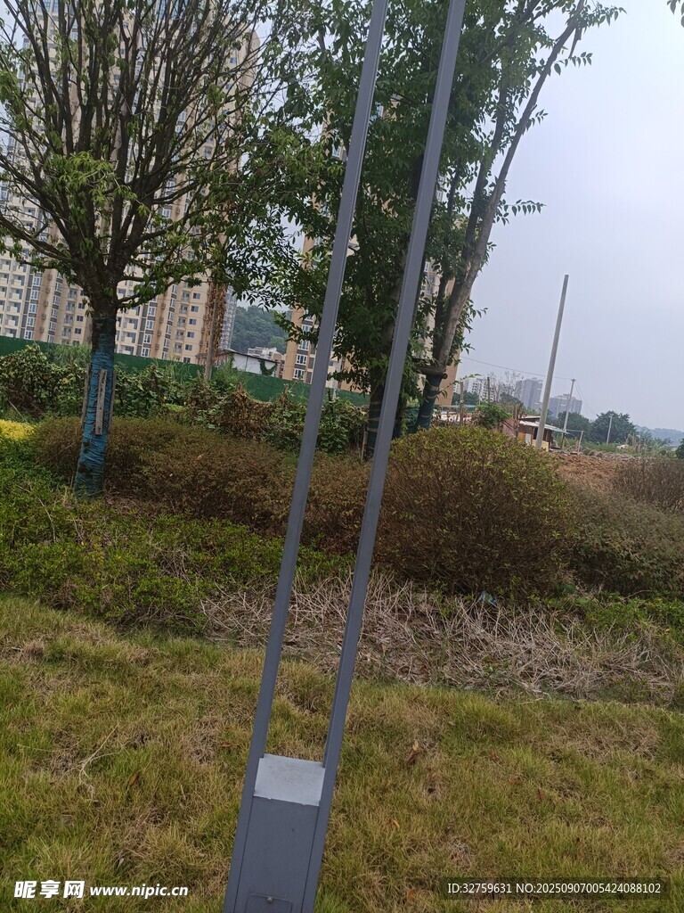 户外草地旁的金属杆场景