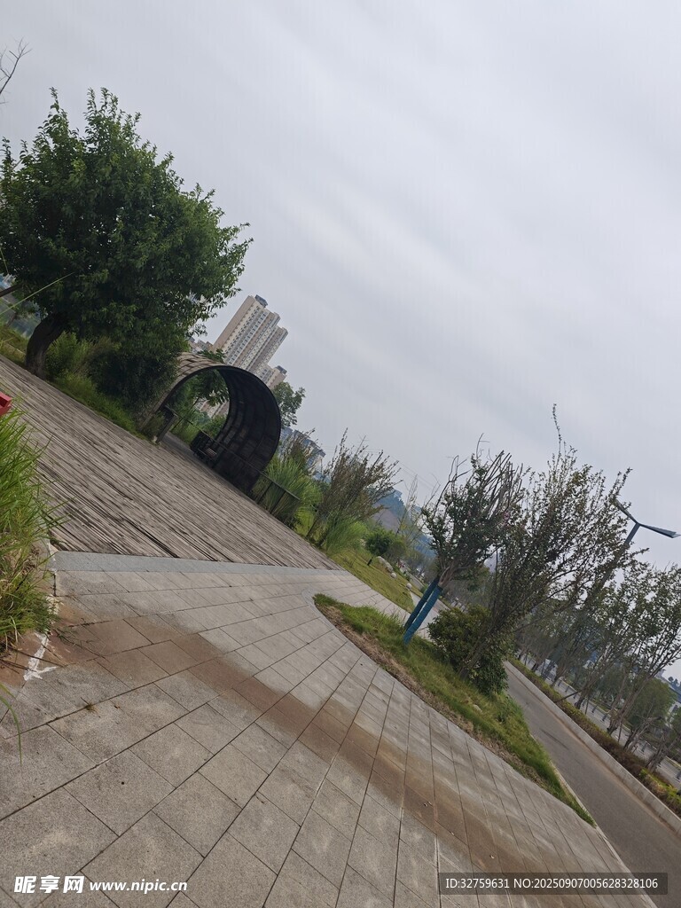 户外空荡道路与周边绿植
