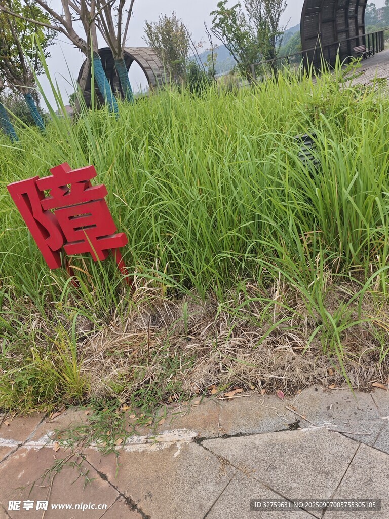 草地上的红色指示牌