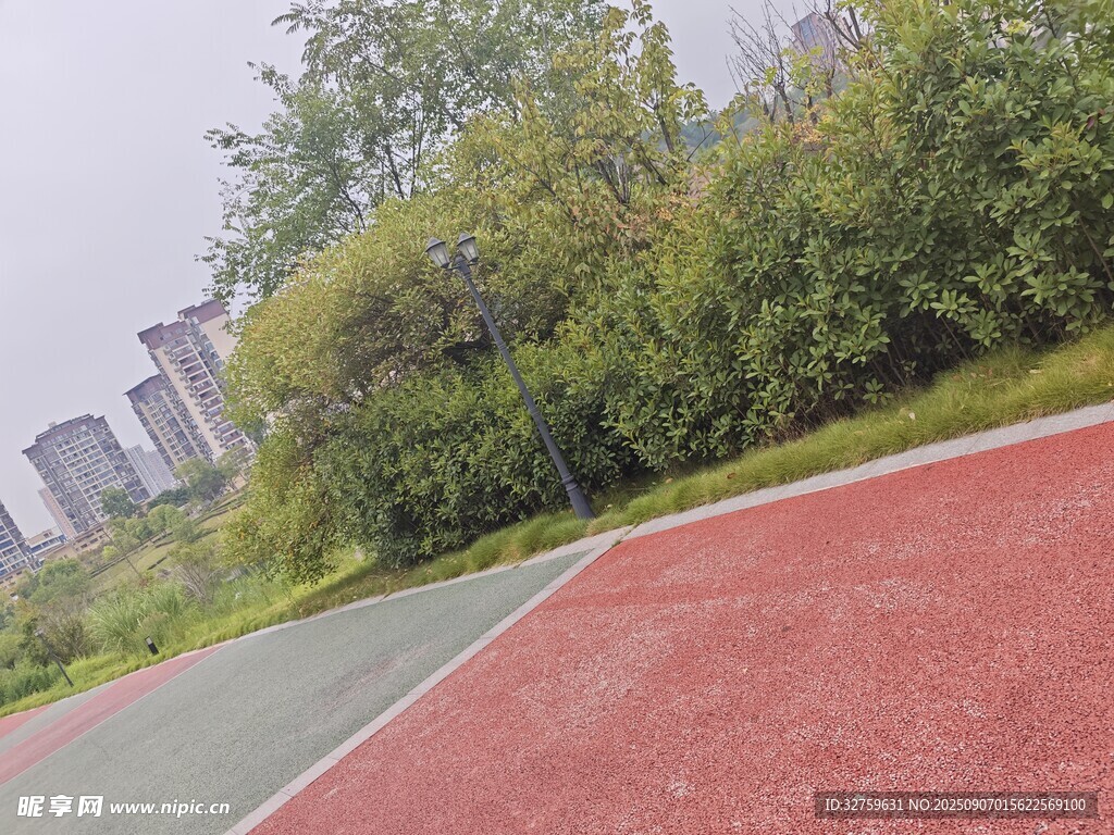 户外彩色跑道与绿树景观