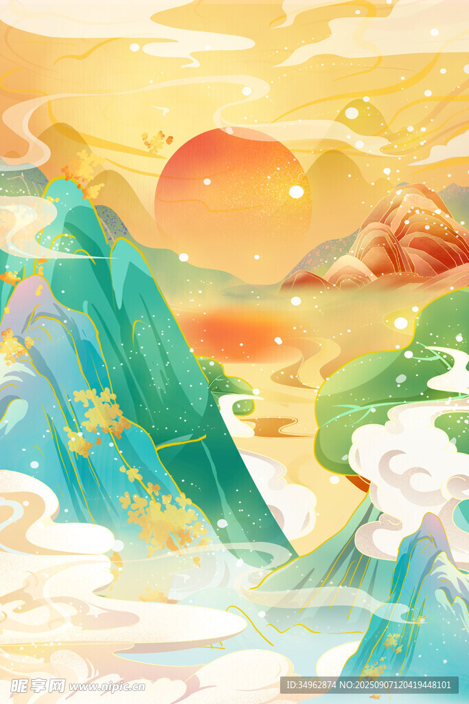 国潮中国风古风节气中秋山水插画