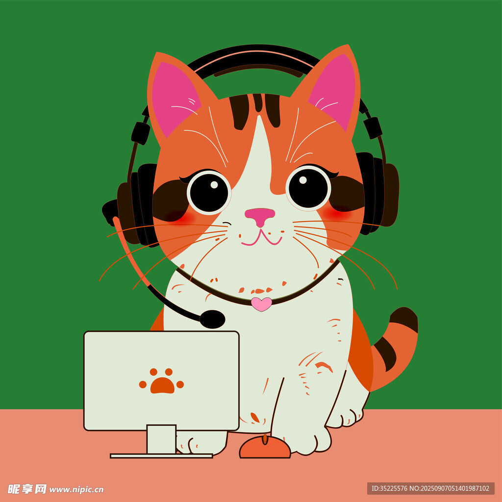 戴耳机用电脑的可爱猫咪