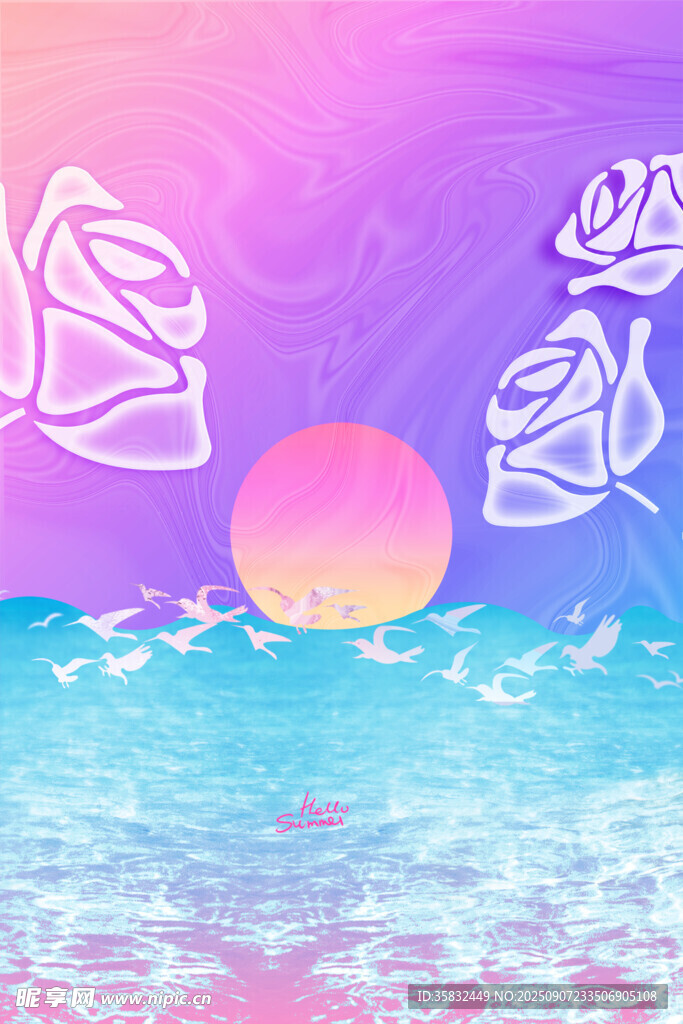 梦幻海洋日落玫瑰景象