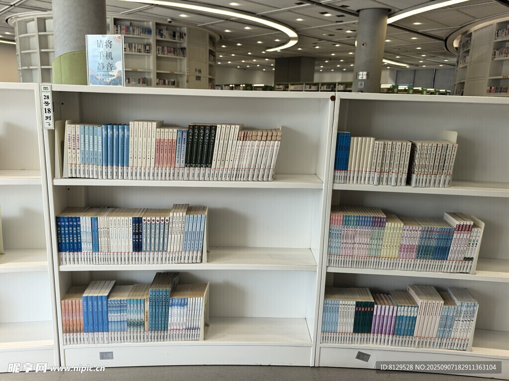 整齐的书架陈列着书籍