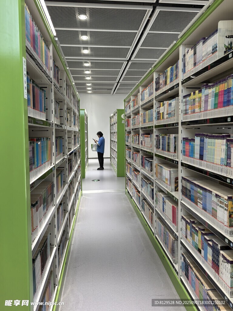 图书馆内的书架与行人