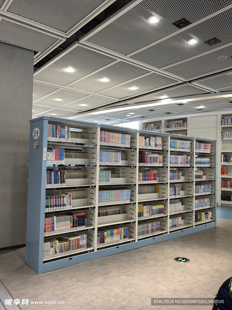 图书馆内整齐的书架陈列