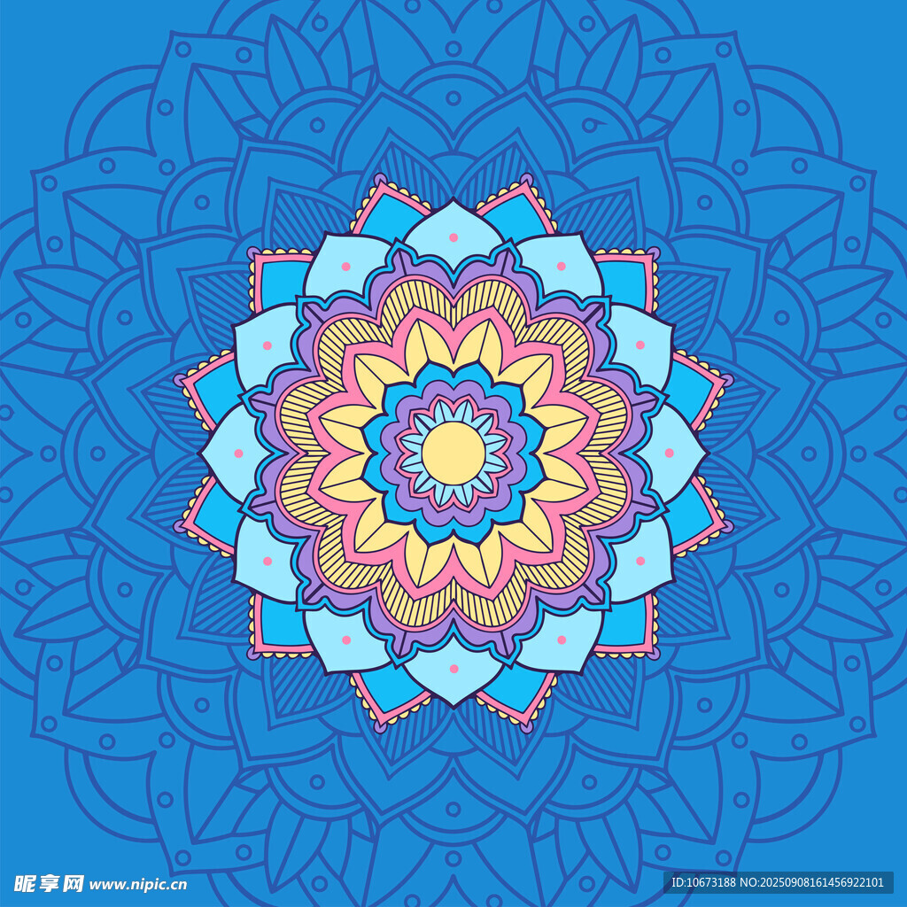 蓝色曼陀罗花纹图案设计