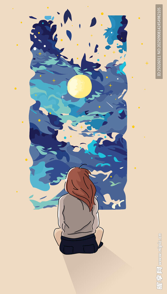 女孩凝视梦幻星空画作