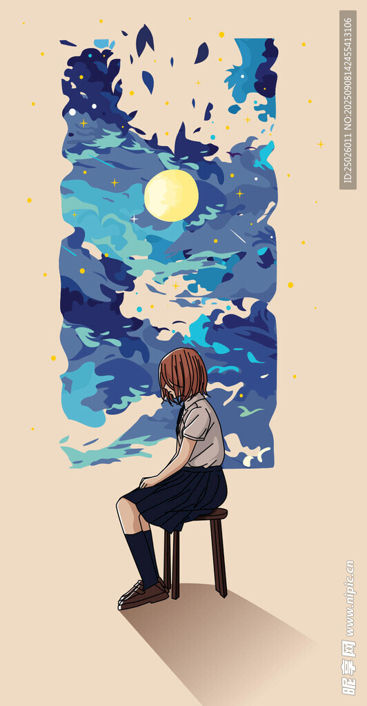 男孩坐凳仰望梦幻星空