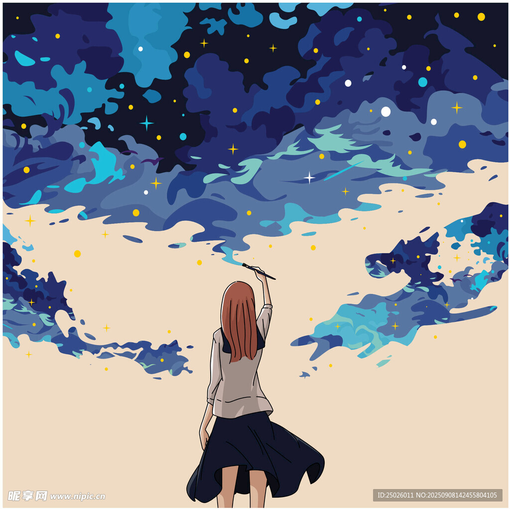 女孩仰望梦幻星空