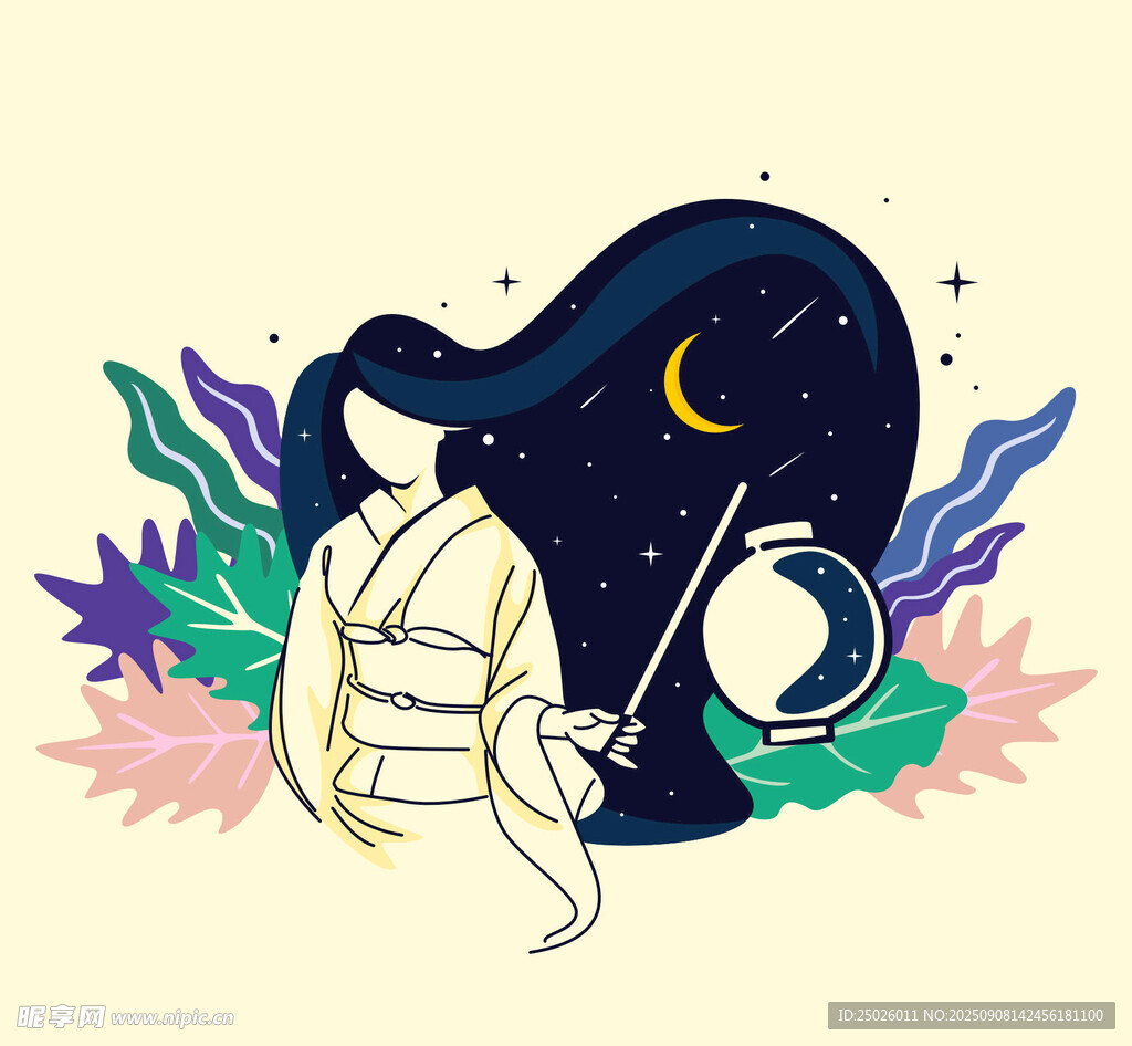 月夜下的和服女子与灯笼