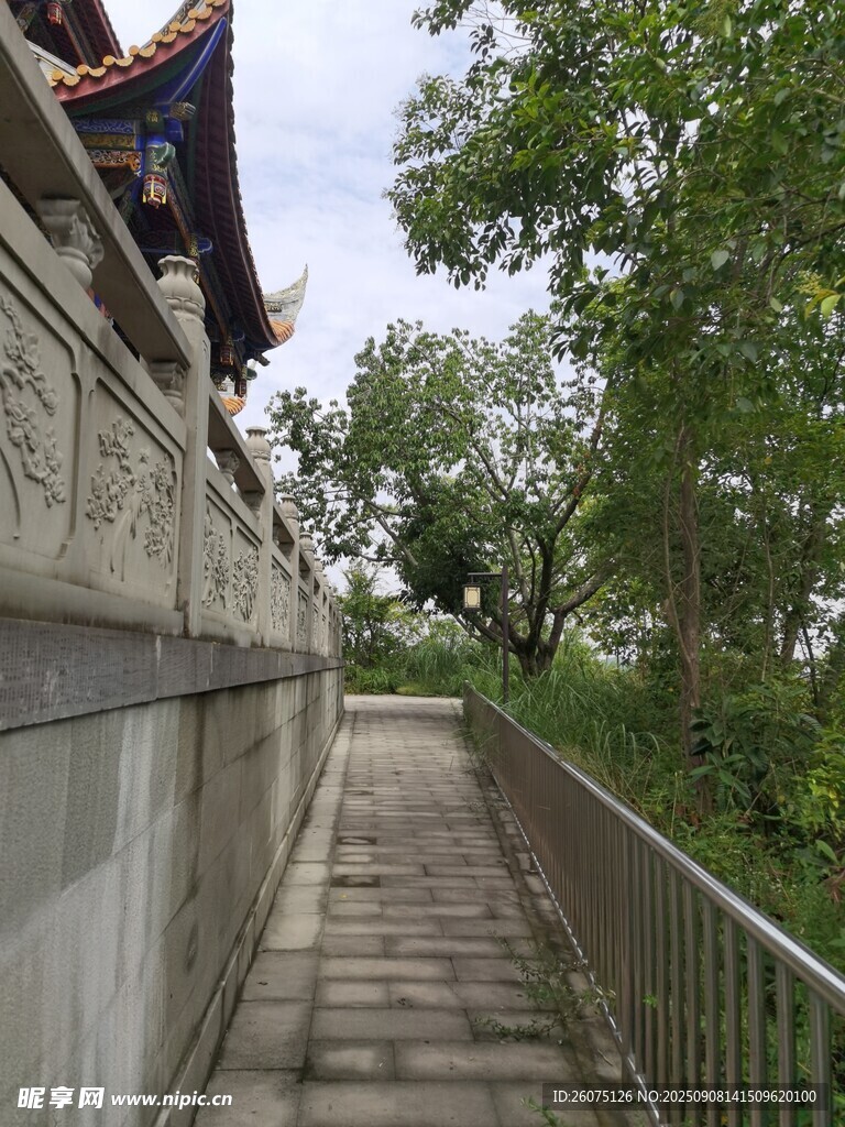 古建旁的林荫步道
