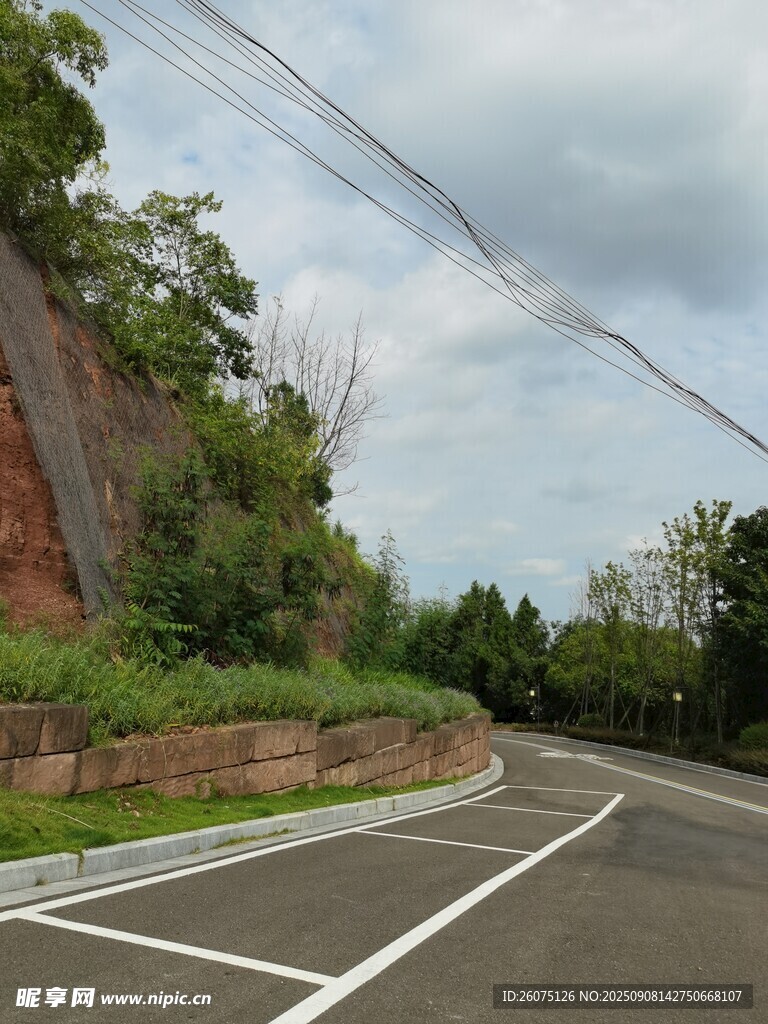 蜿蜒公路旁的停车位与绿意景致