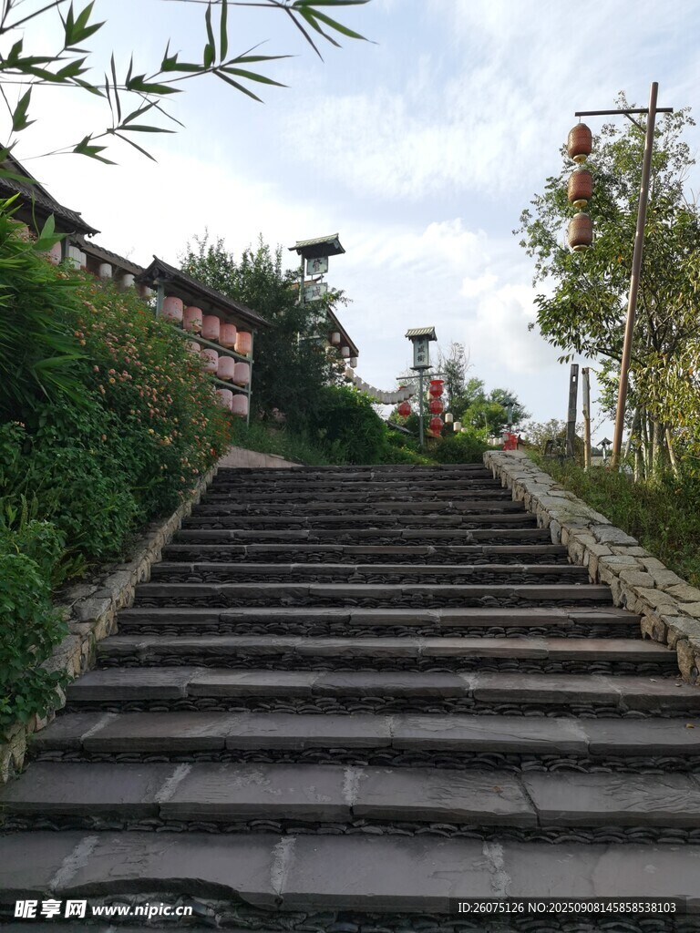 古朴石阶通往绿意景致