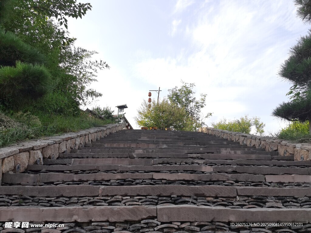 石砌阶梯通向葱郁景致