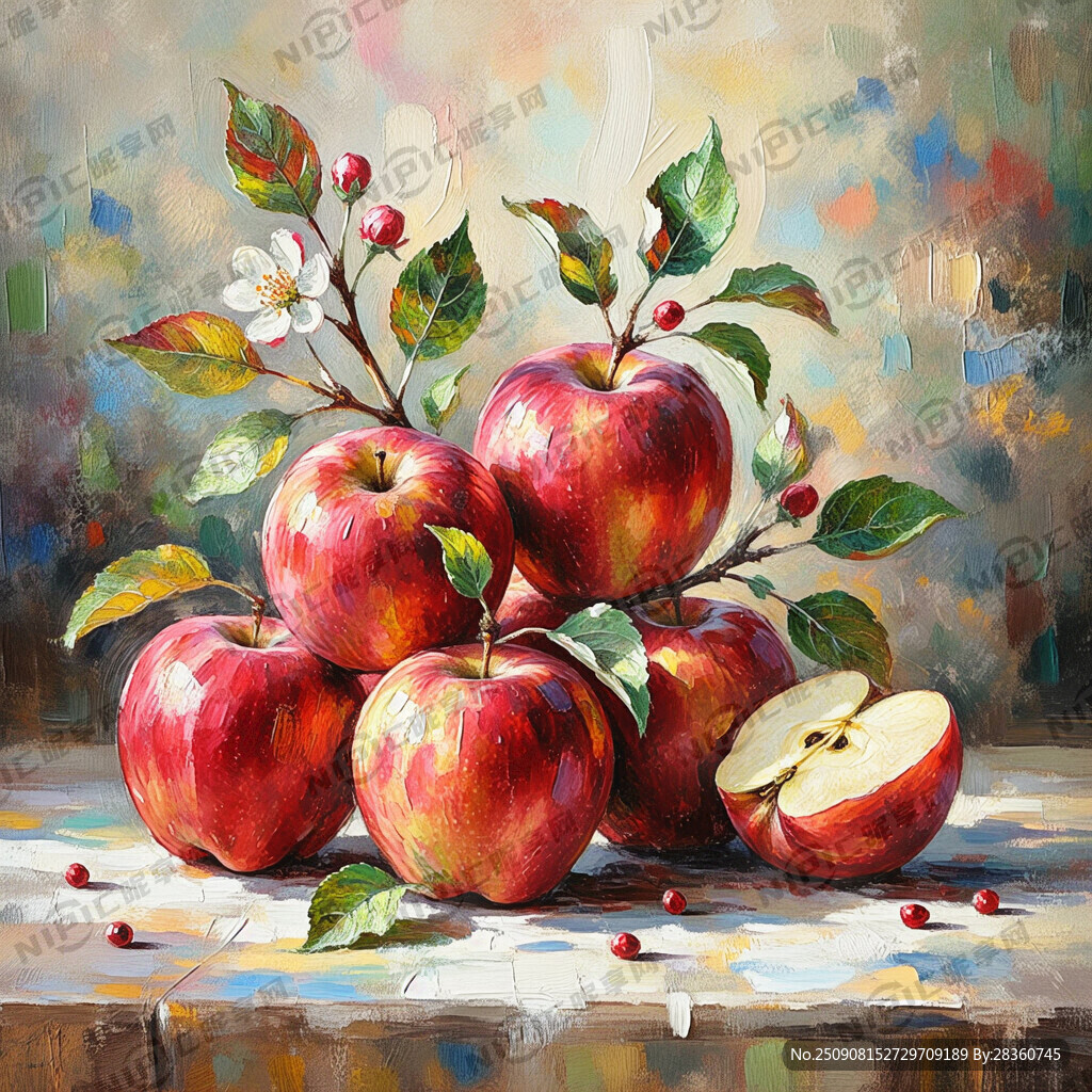 画一张一堆红苹果摆在桌子上 花