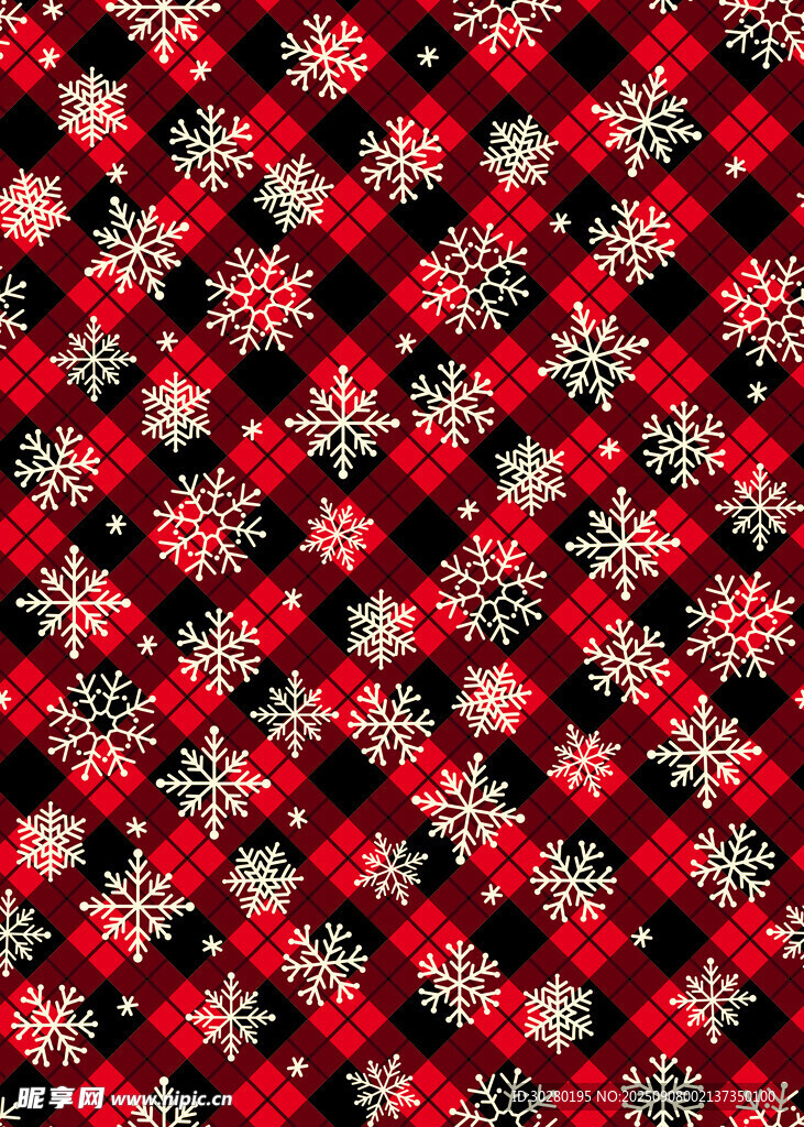 圣诞雪花红黑格子图案