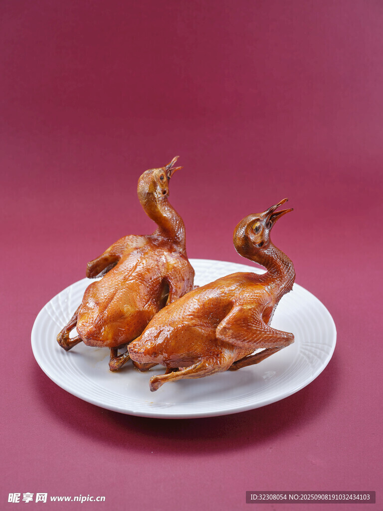 美味烤乳鸽摆于白盘