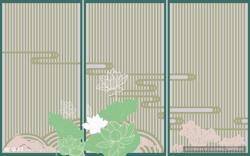 中式屏风荷花意境图