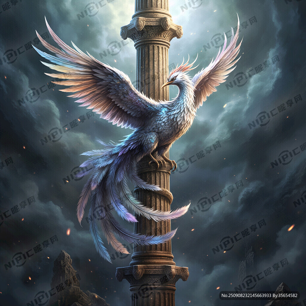 一只凤凰 凤凰盘旋绕柱子