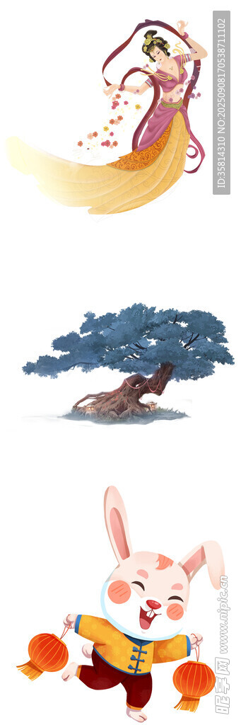 嫦娥玉兔与松树插画