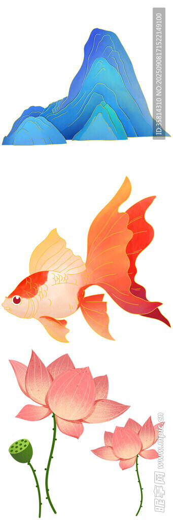 金鱼与山水荷花插画