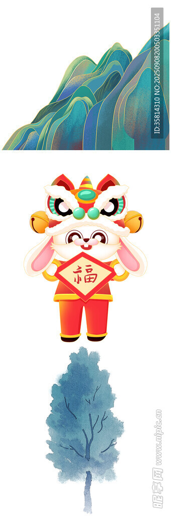 舞狮玩偶与松枝摆拍