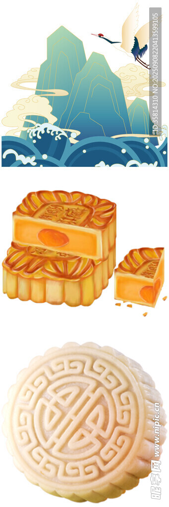 中秋月饼与海景插画