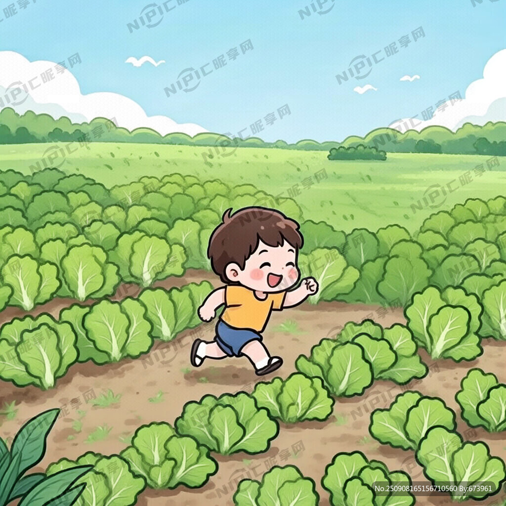 卡通 大菜田 小孩奔跑在大田中