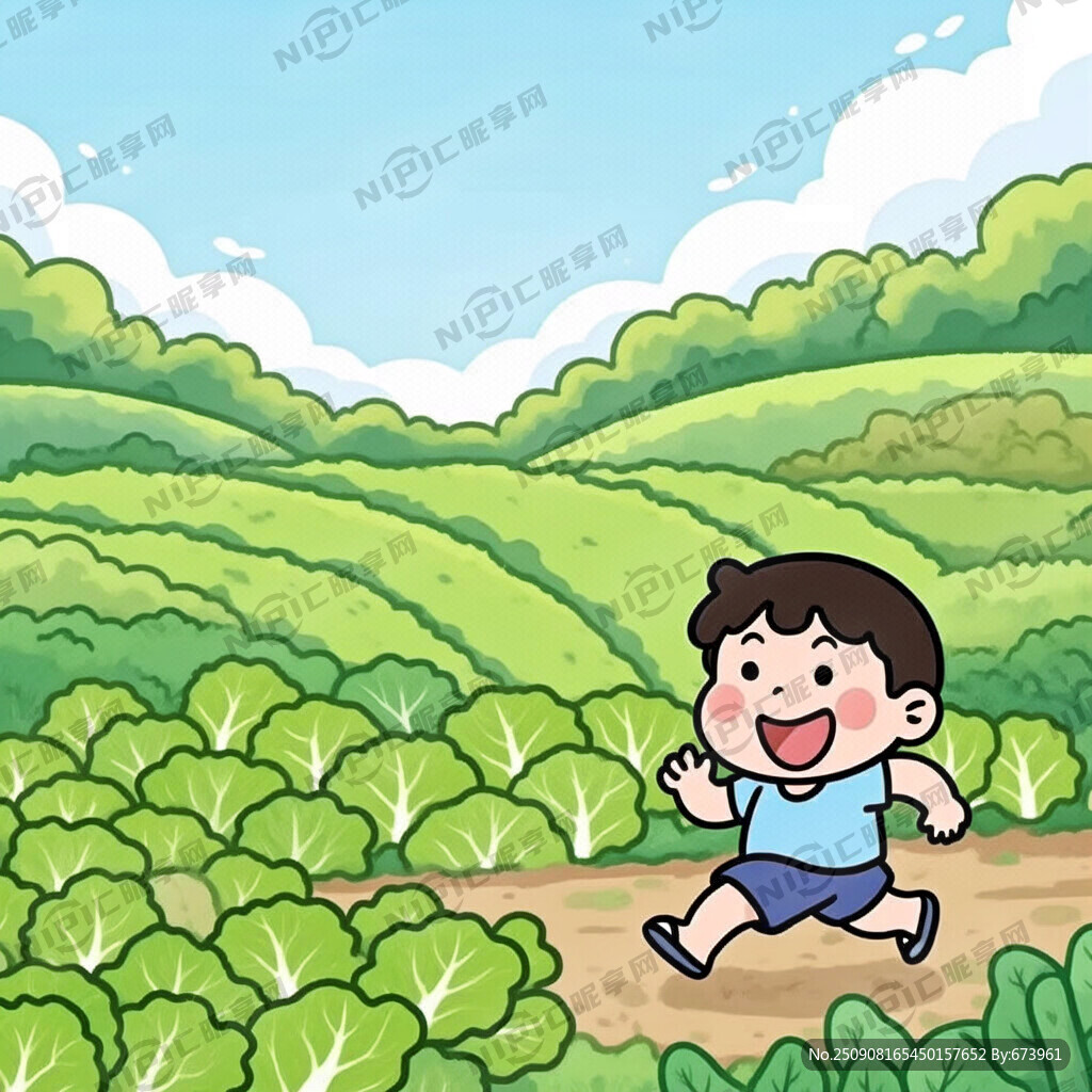 卡通 大菜田 小孩奔跑在大田中