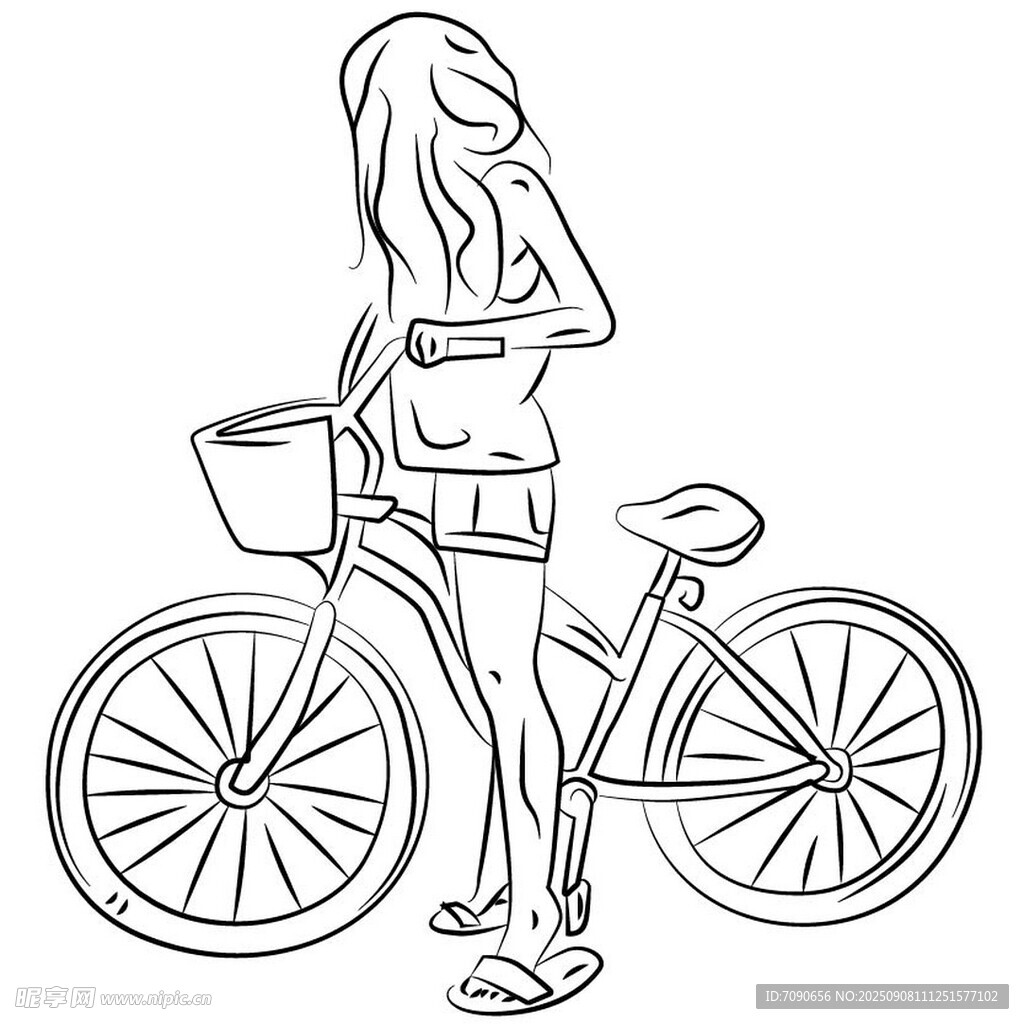 女孩倚自行车的简约线条画