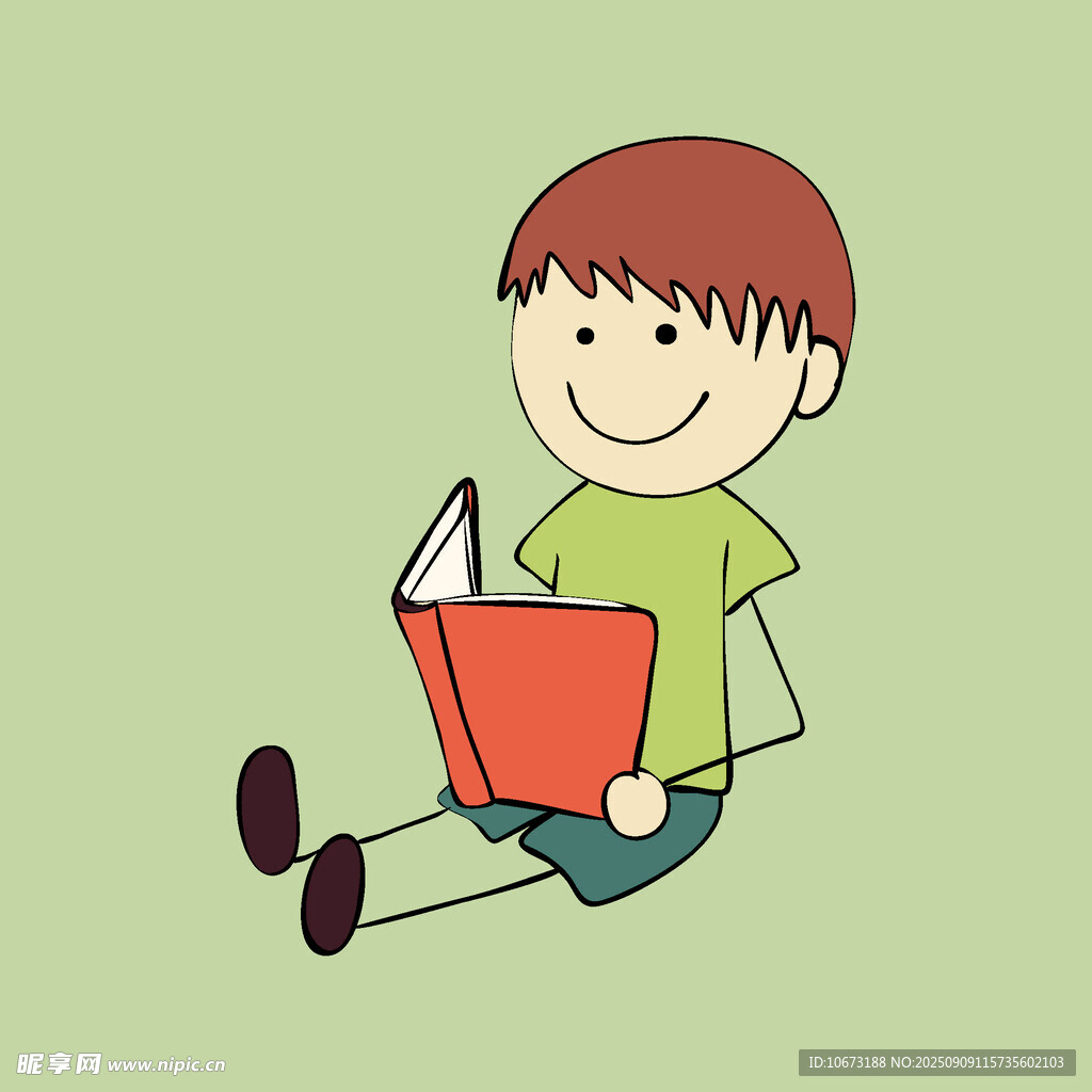 小男孩坐着开心阅读书籍