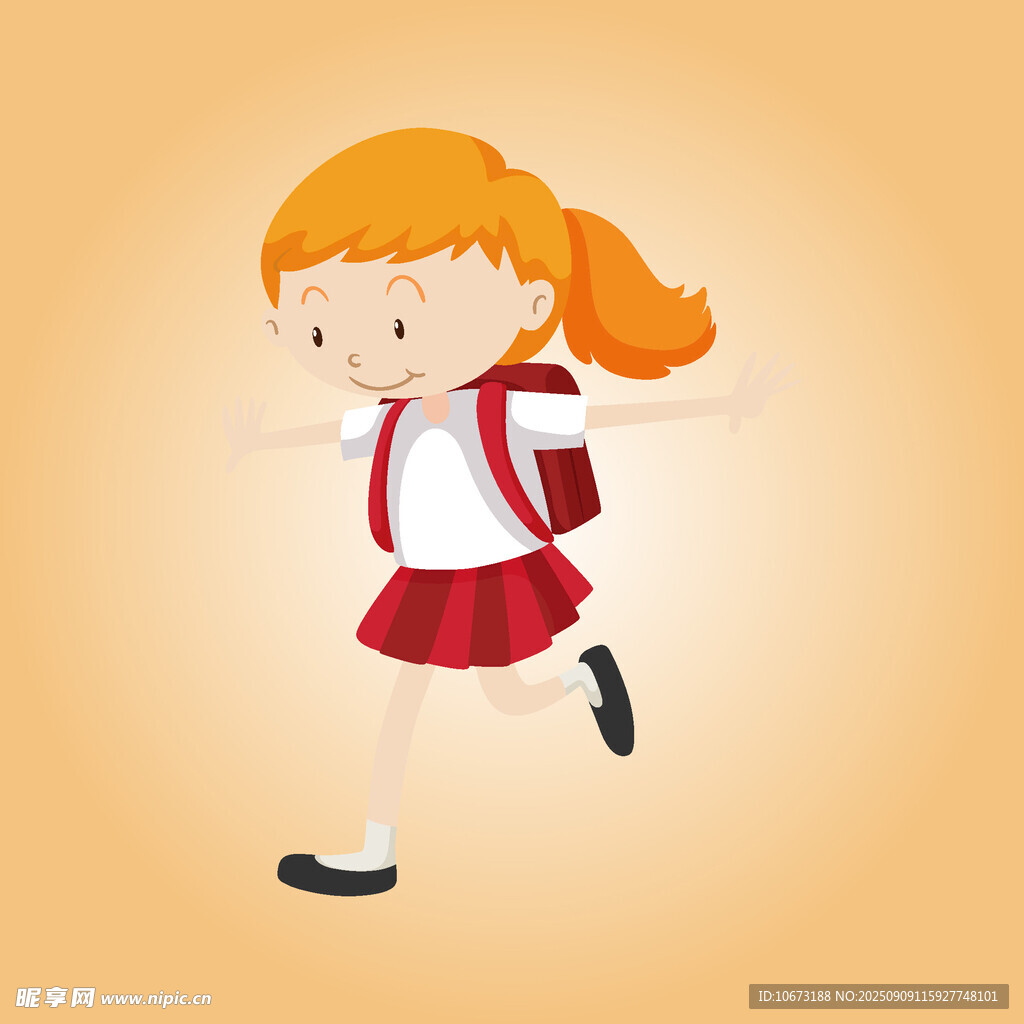 背着书包奔跑的快乐女孩
