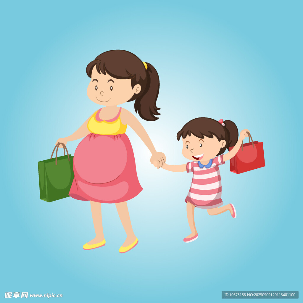 孕妇与小女孩牵手购物
