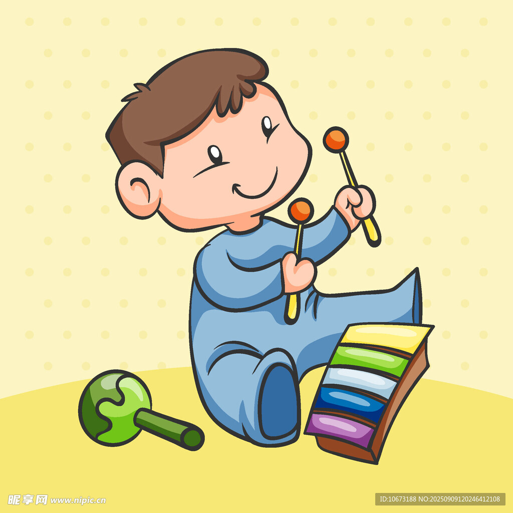 小男孩开心玩多彩乐器
