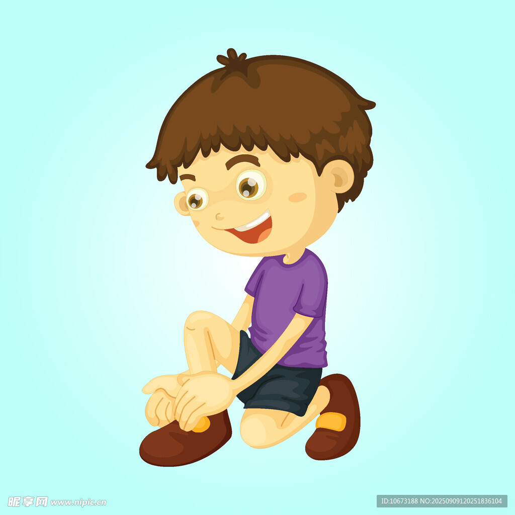 小男孩开心系鞋带