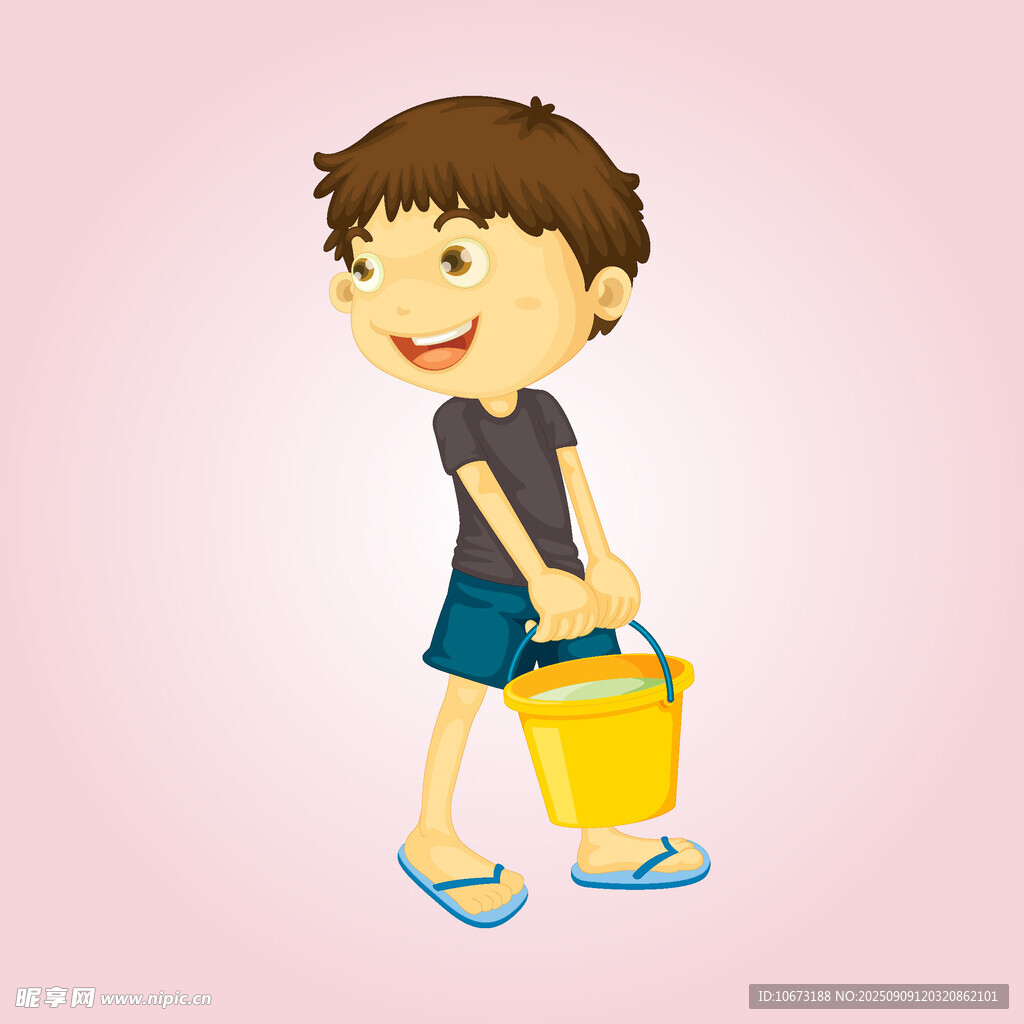 男孩手持黄色水桶