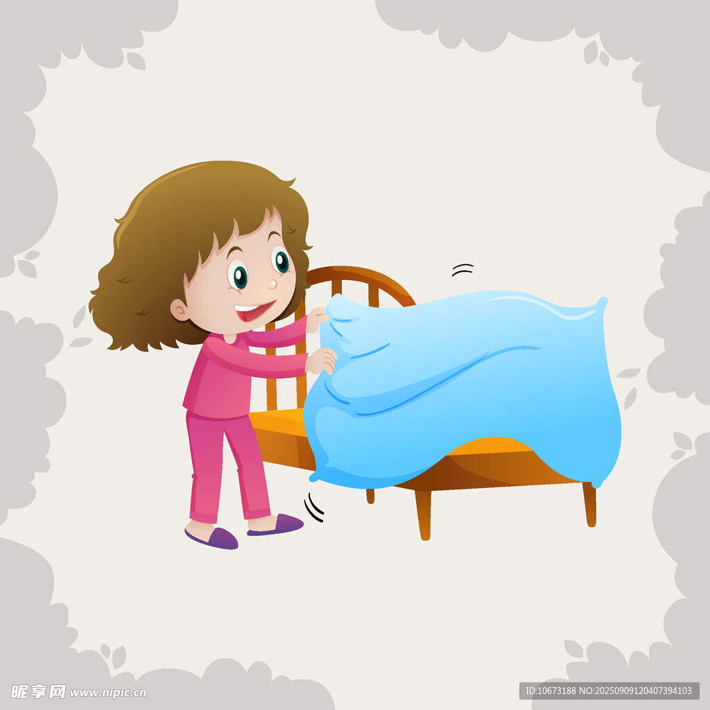 小女孩整理床铺