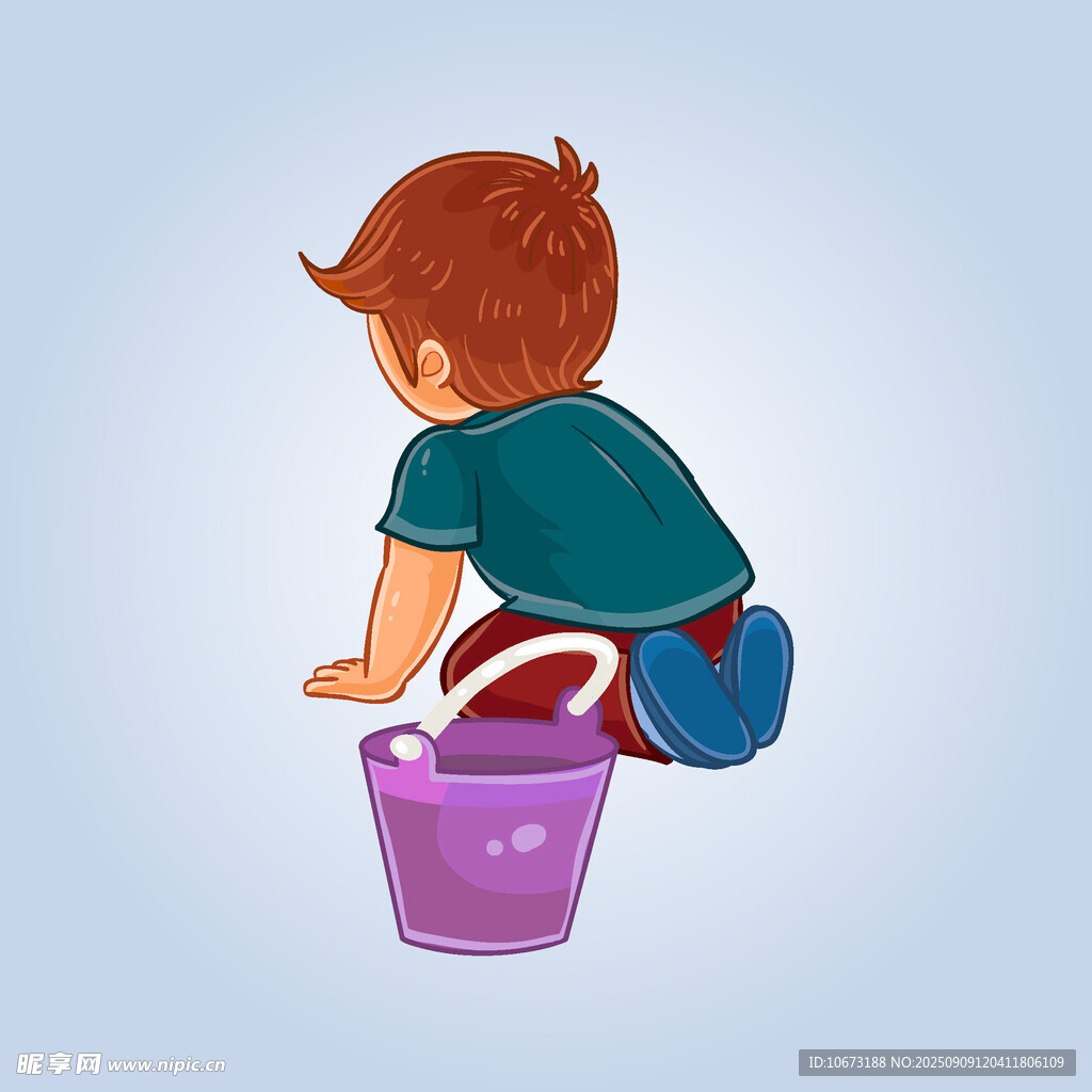 小男孩专注玩桶中物品